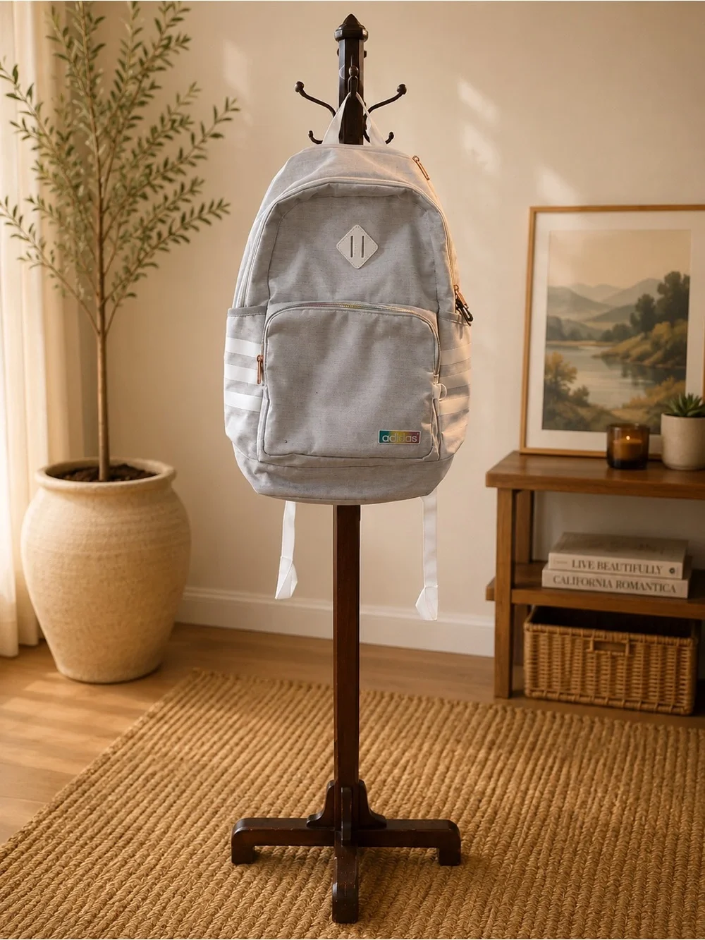 Adidas Gray Backpack White Stripes Laptop School Travel Bag